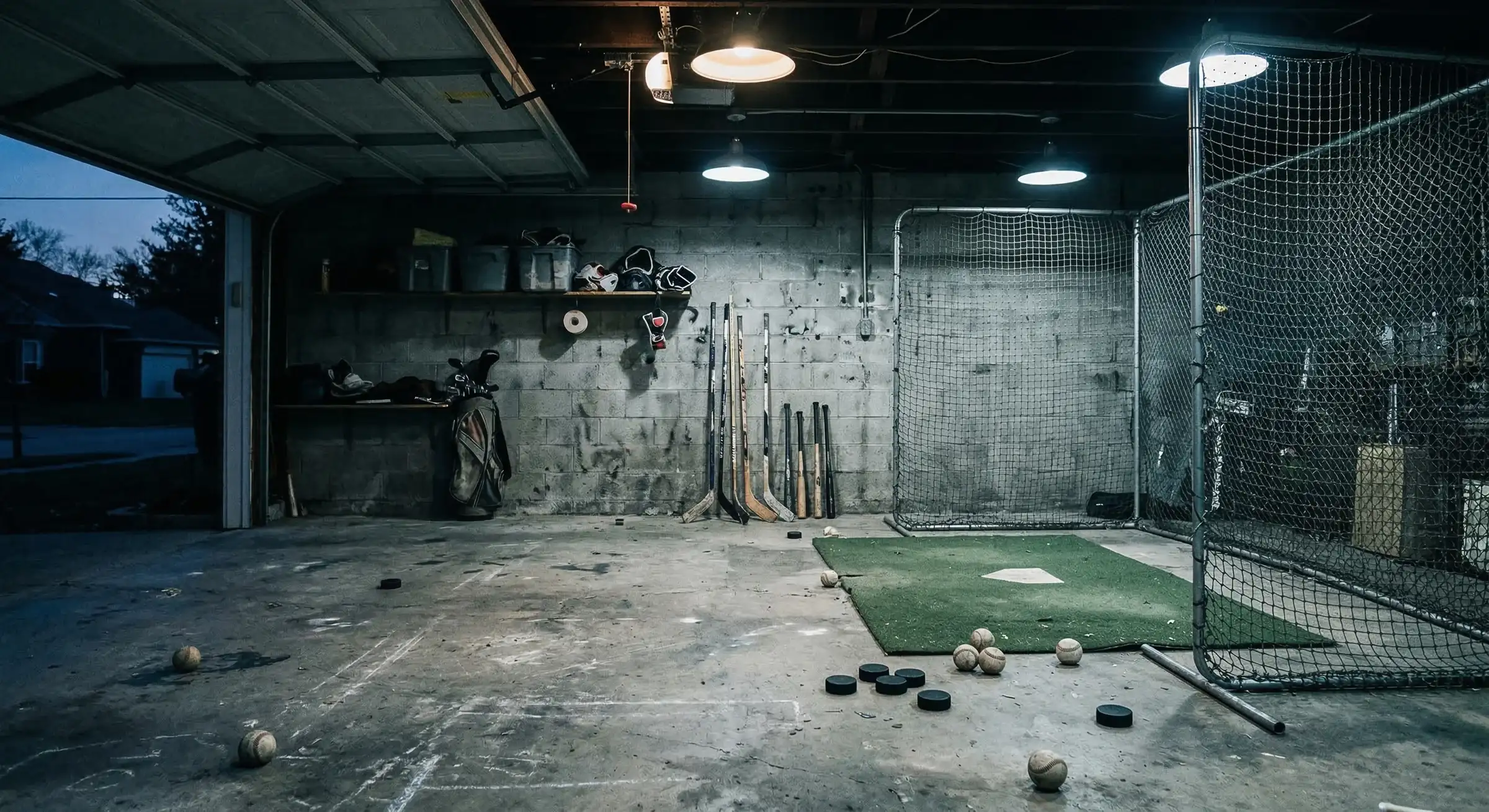 Multi-sport garage training space with batting cage, hitting mat, hockey sticks, and training equipment