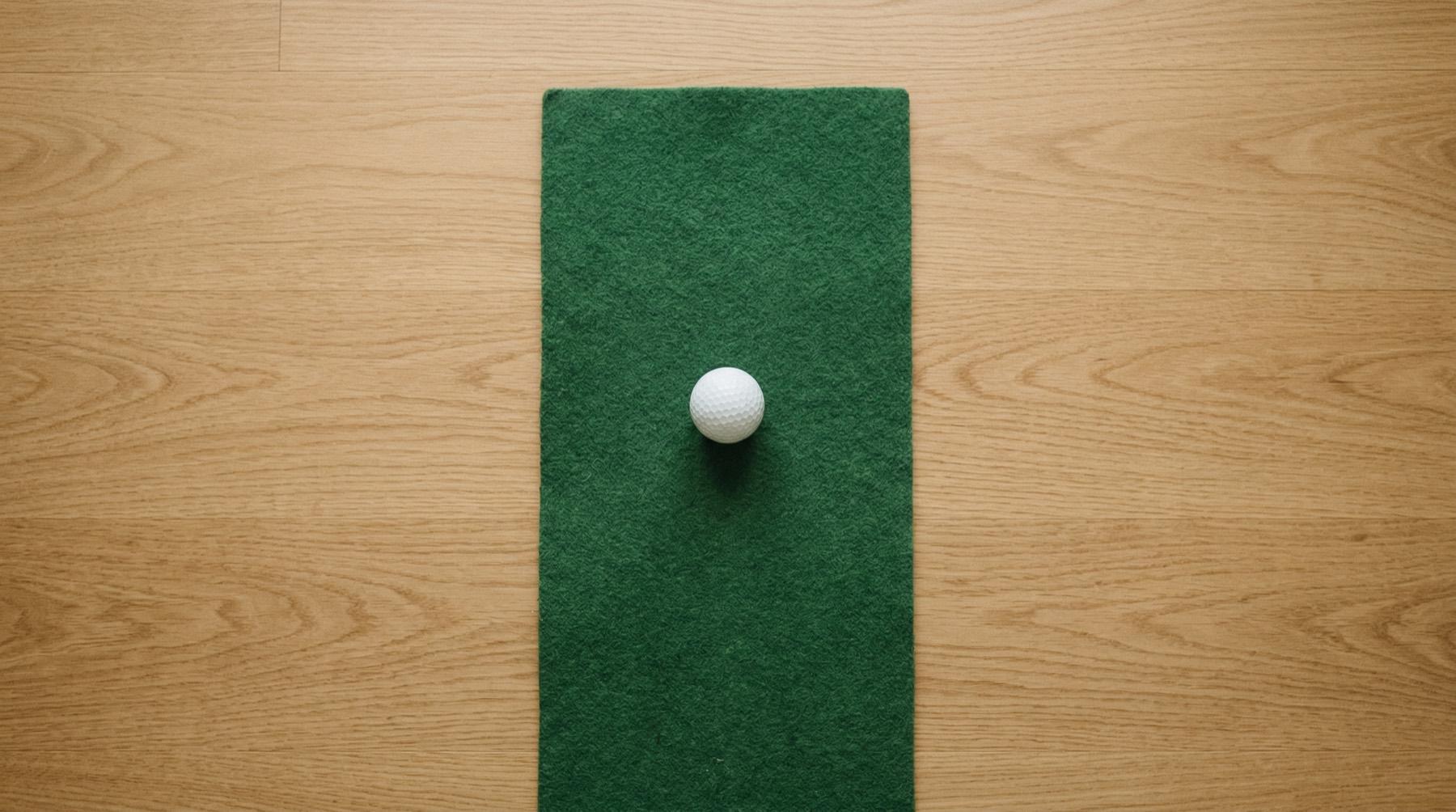 Single golf ball on a green indoor putting mat viewed from above on hardwood floor