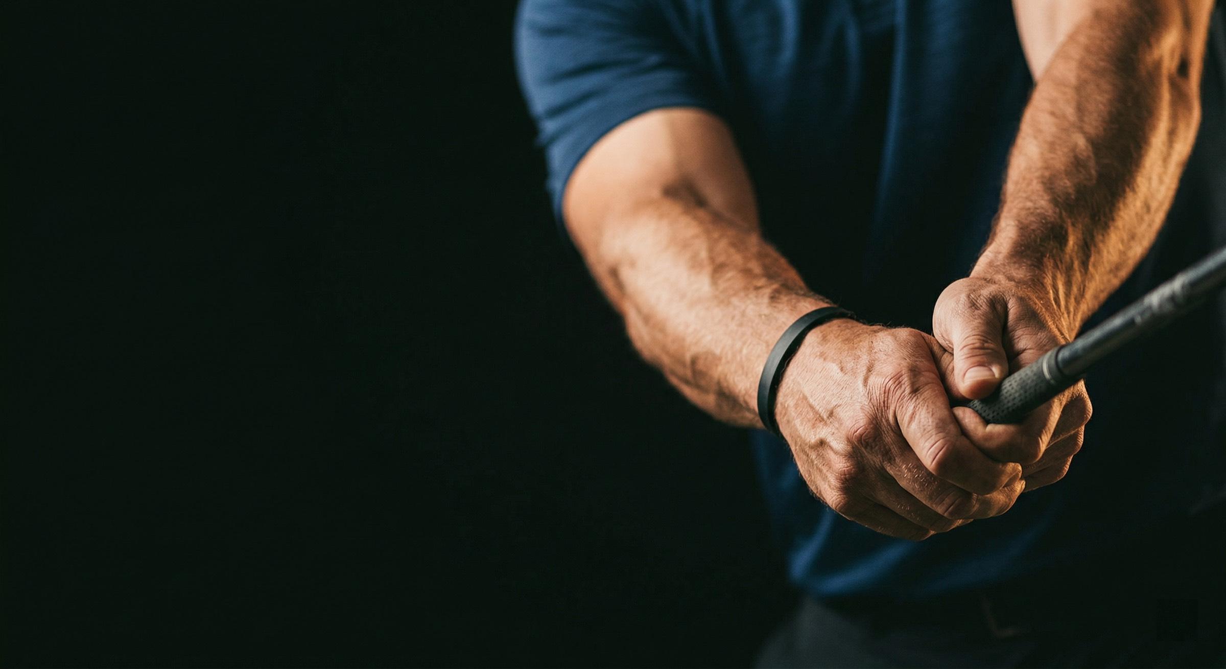 Close-up of a golfer's hands gripping a club with warm side lighting against a dark background