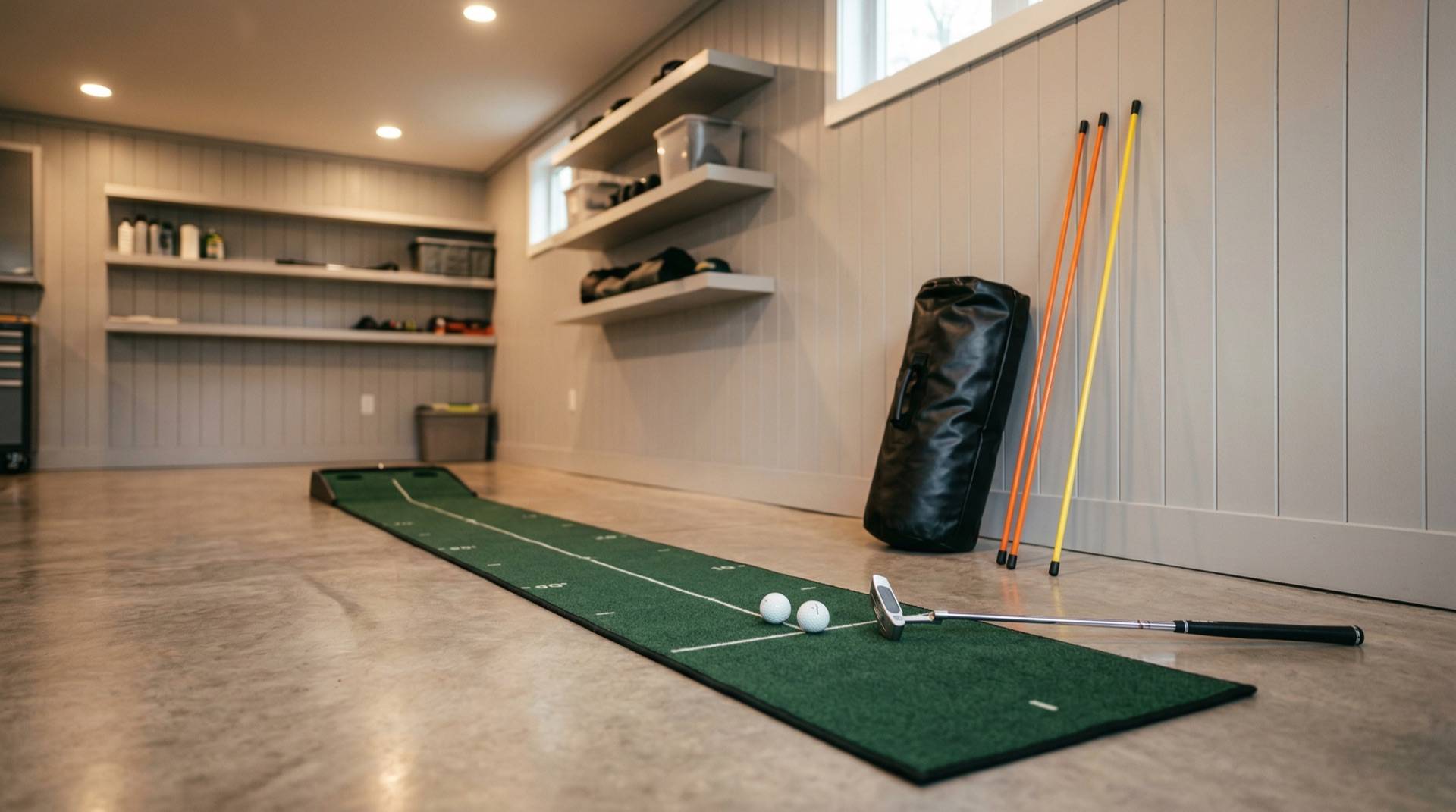 Home golf practice setup in a modern garage with putting mat, impact bag, and alignment sticks
